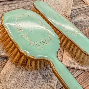 Antique Vanity Dressing Table Brush Set-Mint Green w/ Gold Trim-Delicate Floral